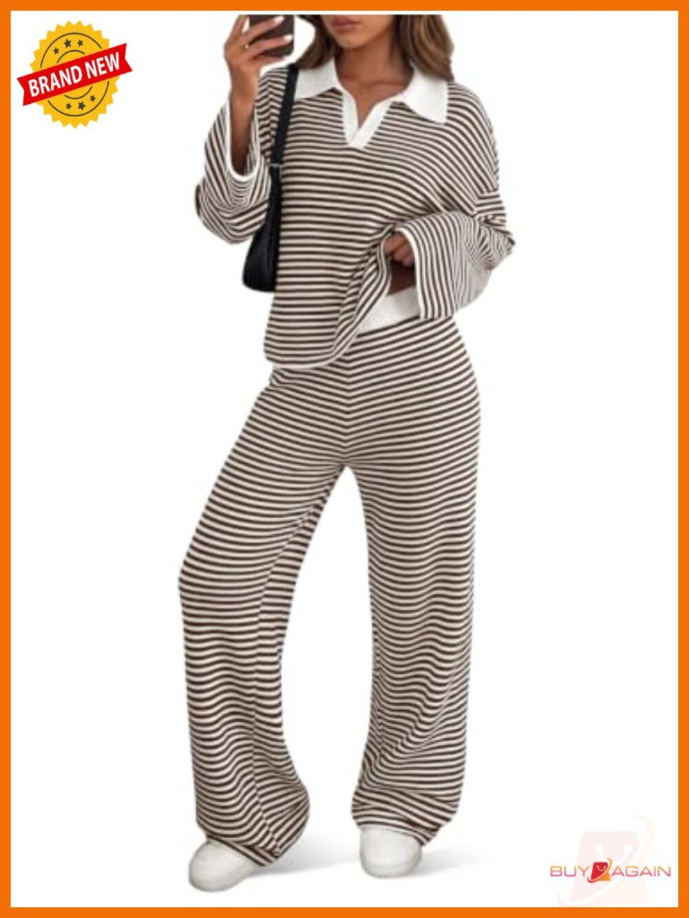 Striped Knit Sweater Set 2 Piece Lounge Outfit Collared Top Pants